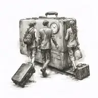 couple holding hands walking on train traveling suitcase with clock hands tattoo design idea