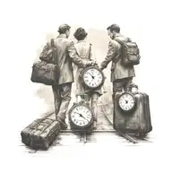 couple holding hands walking on train traveling suitcase with clock hands tattoo design idea