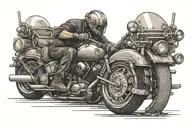 Ironworker welding a Harley Davidson motorcycle with Viking skull details tattoo design idea