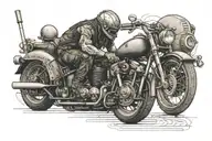 Ironworker welding a Harley Davidson motorcycle with Viking skull details tattoo design idea