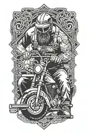 Ironworker welding a shovelhead harley motorcycle with viking runes in the background tattoo design idea