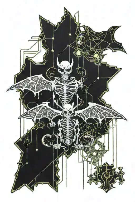 skeletons of bat hanging tattoo design idea