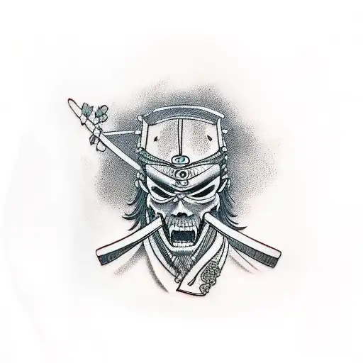 samurai showing his skull with cherry tree in background tattoo design idea