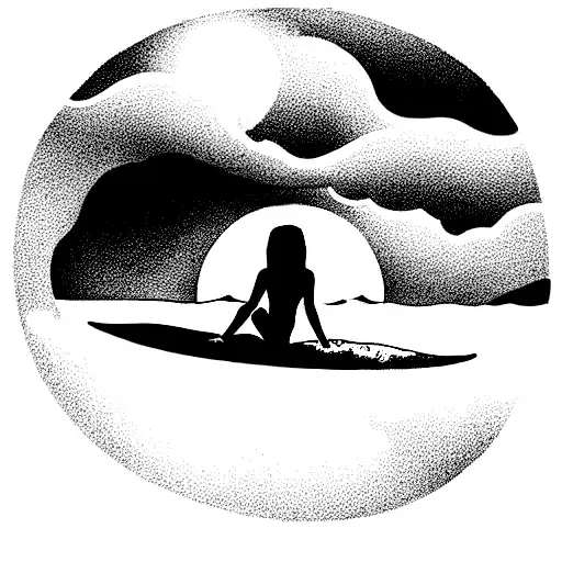 the silhouette of a girl from behind sit on a surf table on the ocean looking thr sunset  tattoo design idea