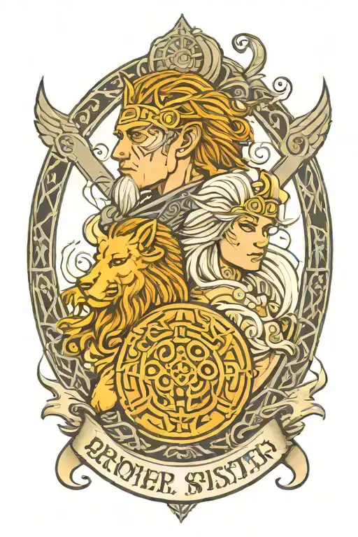 brother and sister as Norse mythology with the names Nate and Ava on there sheilds tattoo design idea