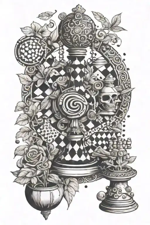 chess, books, plants, smiles. Pain, illness, anxiety, depression. Mexican culture and music for the whole arm tattoo design idea