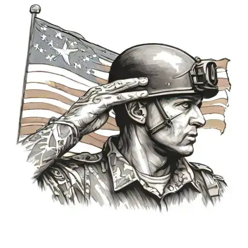 A detailed black and grey portrait of a soldier saluting the American flag tattoo design idea