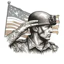 A detailed black and grey portrait of a soldier saluting the American flag tattoo design idea