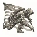 A detailed black and grey portrait of a soldier saluting the American flag tattoo design idea