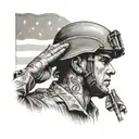 A detailed black and grey portrait of a soldier saluting the American flag tattoo design idea