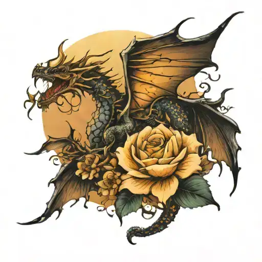 A full sleeve tattoo with floral details and a dragon as the main piece. background is the sun fading into the moon  tattoo design idea