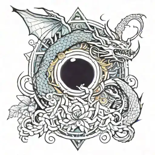 A full sleeve tattoo with floral details and a dragon as the main piece. Add a subtle background fading from sun to moon tattoo design idea