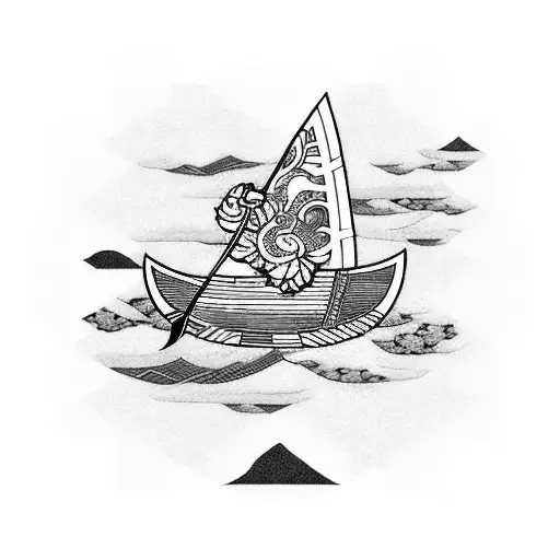 A Japanese patchwork tattoo design featuring a traditional kayak surrounded by intricate patterns of waves, sakura petals, and anime characters tattoo design idea