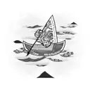 A Japanese patchwork tattoo design featuring a traditional kayak surrounded by intricate patterns of waves, sakura petals, and anime characters tattoo design idea