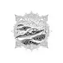 A Japanese patchwork tattoo design featuring a traditional kayak surrounded by intricate patterns of waves, sakura petals, and anime characters tattoo design idea