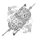 A Japanese patchwork tattoo design featuring a traditional kayak surrounded by intricate patterns of waves, sakura petals, and anime characters tattoo design idea