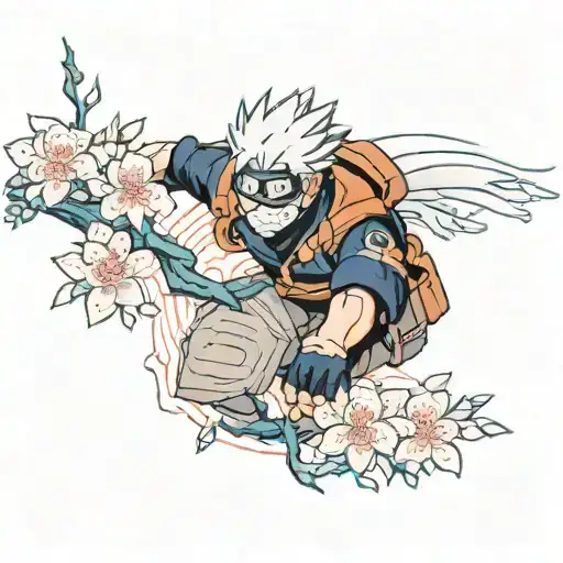 A unique design featuring Kakashi from the anime, incorporating elements of Japanese culture such as cherry blossoms or koi fish tattoo design idea