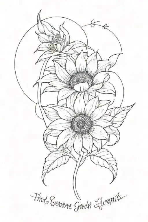 lily and sunflower with the words, "find someone who grows flowers in the darkest parts of you," around them. tattoo design idea