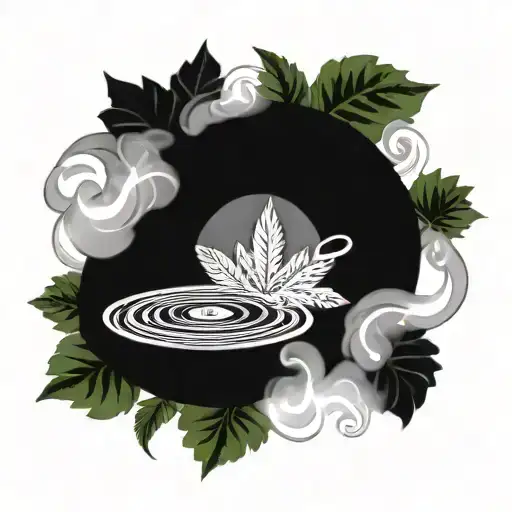 An intricate design of a vinyl record spinning with smoke forming musical notes and cannabis leaves, capturing your music and weed obsession tattoo design idea
