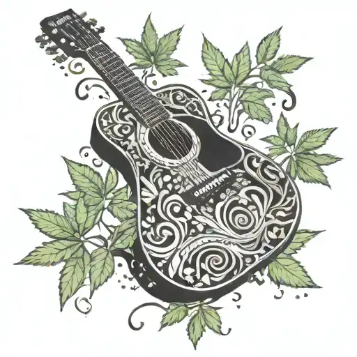 A psychedelic image of a guitar made out of marijuana leaves and musical symbols, showcasing your passion for music and weed tattoo design idea