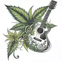 An abstract design of a guitar morphing into a cannabis leaf, representing your passion for music and weed tattoo design idea