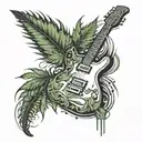 An abstract design of a guitar morphing into a cannabis leaf, representing your passion for music and weed tattoo design idea