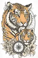half a explorer and other tiger mum and cub and background a compass  tattoo design idea