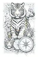 half a explorer and other tiger mum and cub and background a compass  tattoo design idea