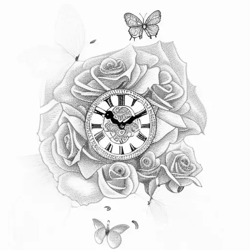 clock with roses and butterflies  tattoo design idea