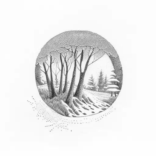 A detailed dotwork tattoo of a hiking trail winding through a forest with the sun peeking through the trees tattoo design idea