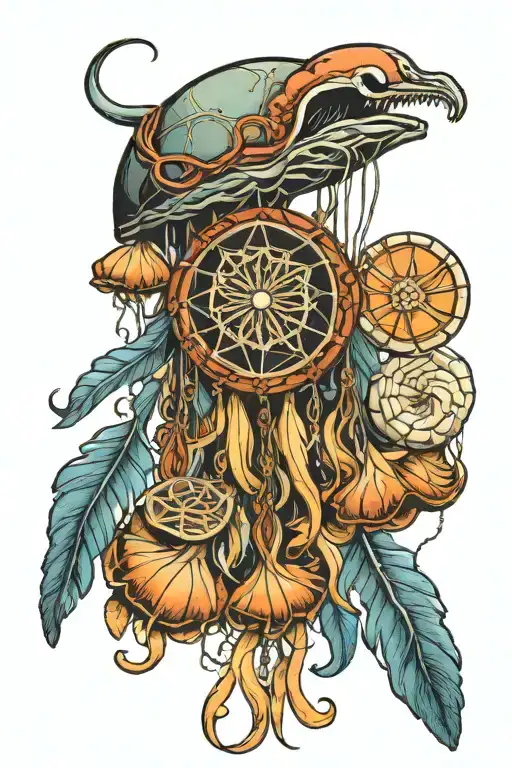 a jellyfish as a dream catcher and the tentacles holding sea shells, sand dollars and feathers. tattoo design idea