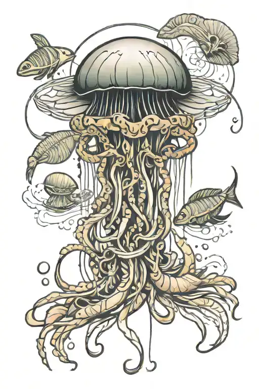 a beautiful jellyfish with tentacles holding sea shells, sand dollars and feathers. tattoo design idea