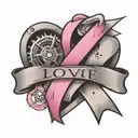 A neotraditional tattoo of a pink ribbon forming the shape of a heart, with a logistic map in the background, representing love and support for breast cancer patients in the logistics field tattoo design idea