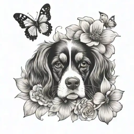 cavalier king charles spaniel playing in flowers with butterfly tattoo design idea
