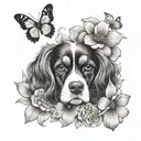 cavalier king charles spaniel playing in flowers with butterfly tattoo design idea