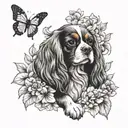 cavalier king charles spaniel playing in flowers with butterfly tattoo design idea