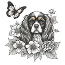 cavalier king charles spaniel playing in flowers with butterfly tattoo design idea