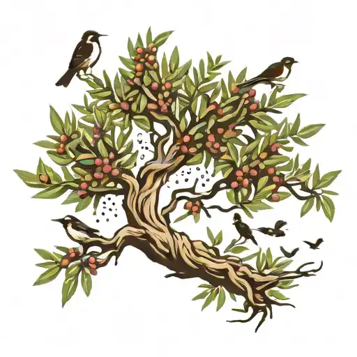 olive tree with birds flying away tattoo design idea
