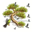 olive tree with birds flying away tattoo design idea