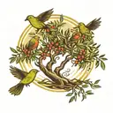 olive tree with birds flying away tattoo design idea