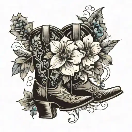 cowboy boots with flowers coming out of the top. the flowers should be the birth flowers for January and March  tattoo design idea