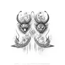 A pair tattoo denoting their strong love, their zodiac sign Sagittarius, their symbol fire, their strong mental connecti tattoo design idea