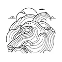 A minimalist road winding through a breathtaking landscape, surrounded by towering mountains and illuminated by the vibrant colors of the aurora borealis. tattoo design idea
