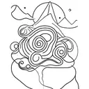 A minimalist road winding through a breathtaking landscape, surrounded by towering mountains and illuminated by the vibrant colors of the aurora borealis. tattoo design idea