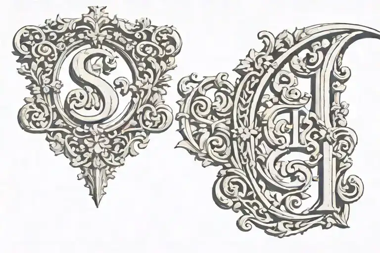 Two letters SL and trade scales from Roman mythology, all in Gothic style tattoo design idea