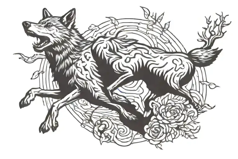Wolf chasing leaping deer  tattoo design idea