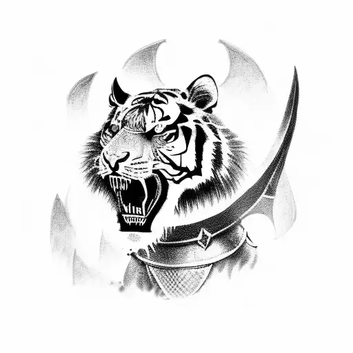 A fierce tiger in a medieval knight's armor battling a dragon tattoo design idea