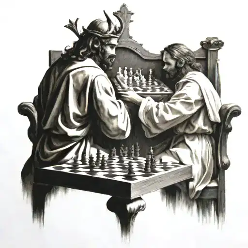 Location: Upper center of the backMain Scene:Jesus and the Devil playing chess:Position: Centered on the upper back.Jesu tattoo design idea