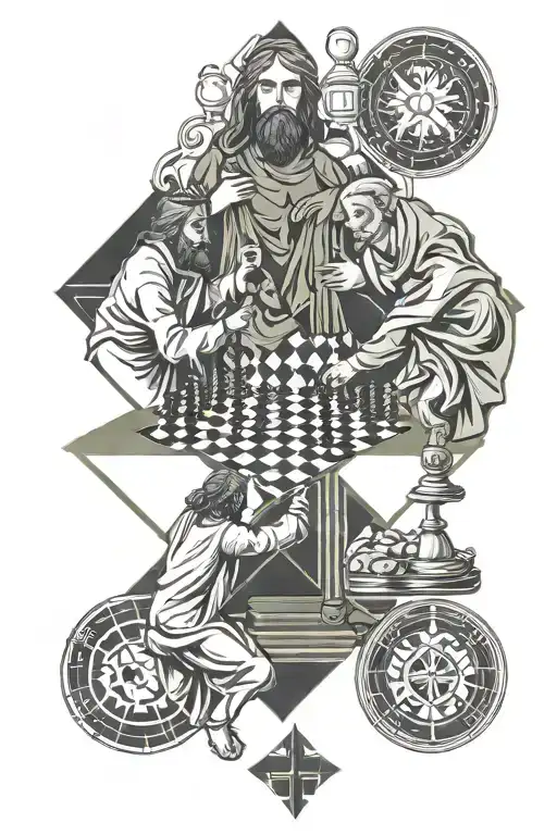 Location: Upper center of the backMain Scene:Jesus and the Devil playing chess:Position: Centered on the upper back.Jesu tattoo design idea