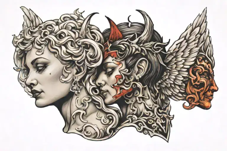 angel on right and devil on left whispering into each ear tattoo design idea